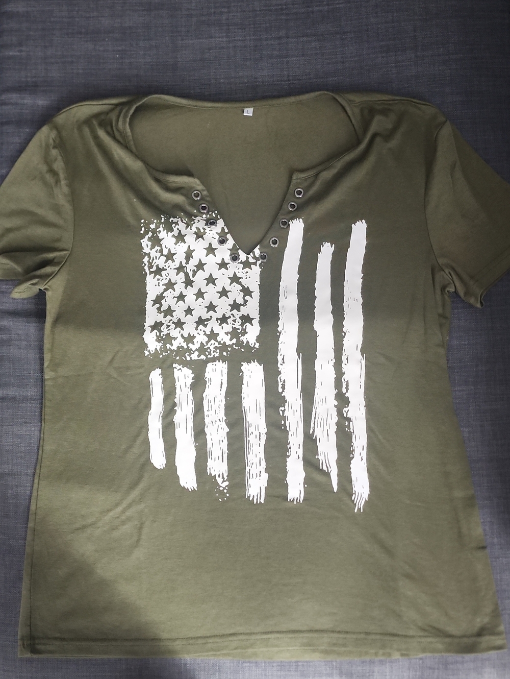 Olive Green Graphic V-Neck Tee with Distressed Flag